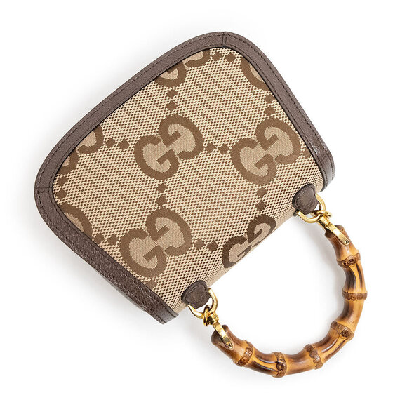 Gucci Bamboo Top Handle Handbag Jumbo GG Leather Brown Beige - Picture 7 of 9